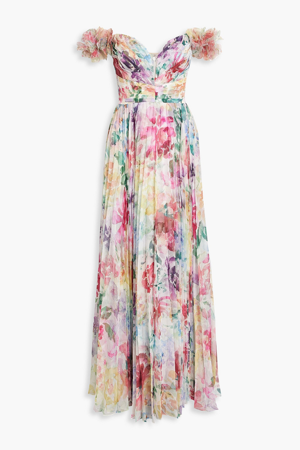 Shop Marchesa Notte Off-the-shoulder Pleated Printed Chiffon Gown In Multicolor