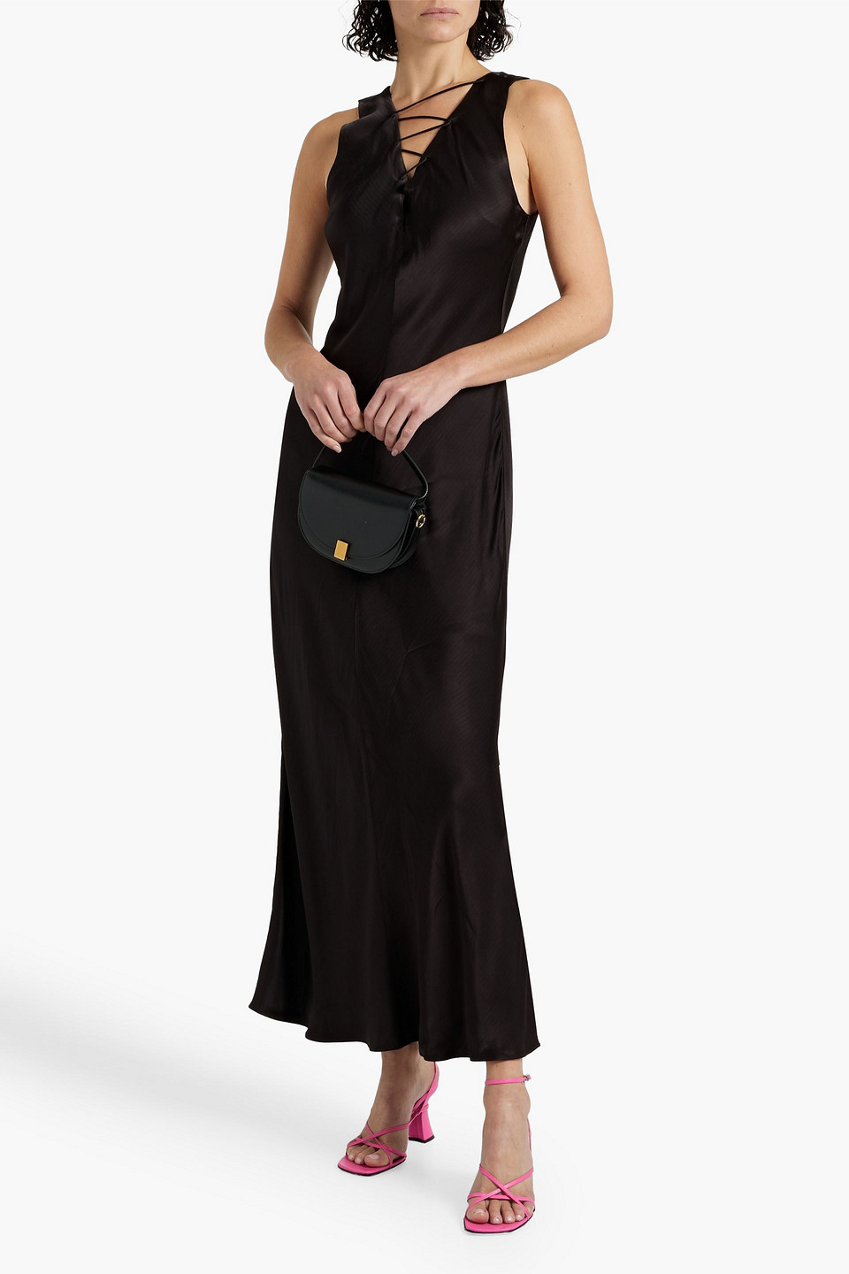 Shop Frame Lace-up Satin-jacquard Maxi Dress In Black