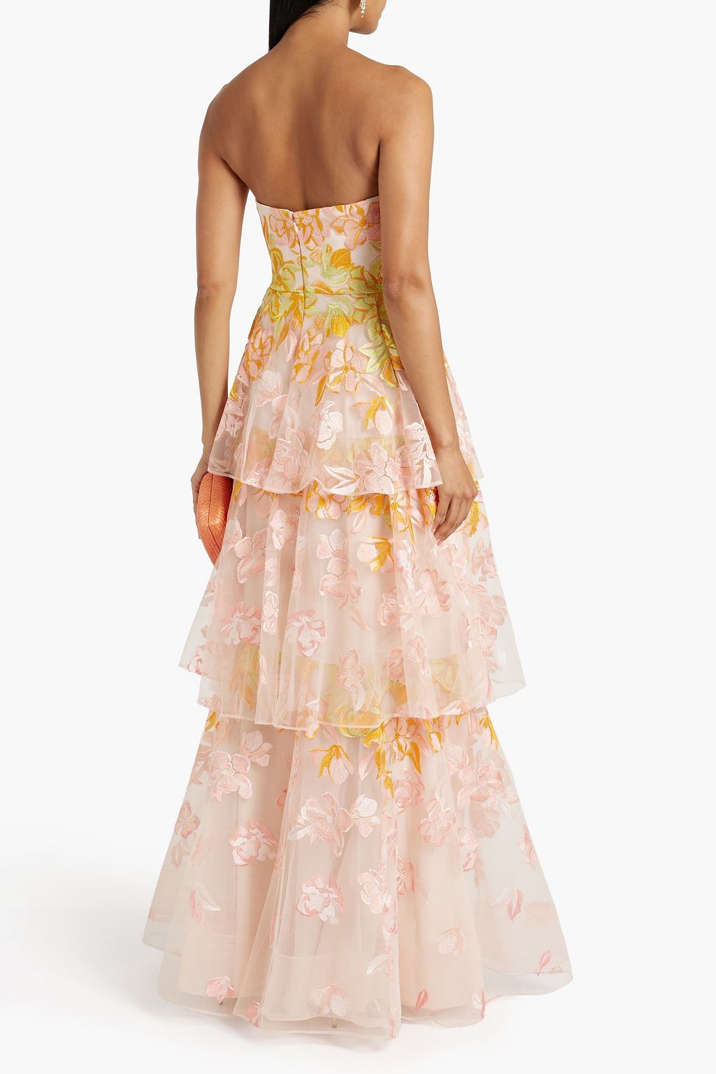 MARCHESA NOTTE Strapless tiered embroidered tulle gown
