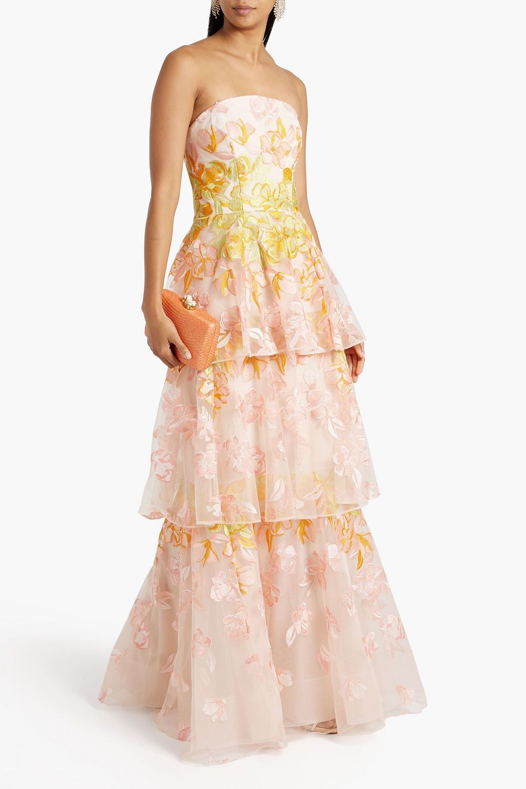 MARCHESA NOTTE Strapless tiered embroidered tulle gown
