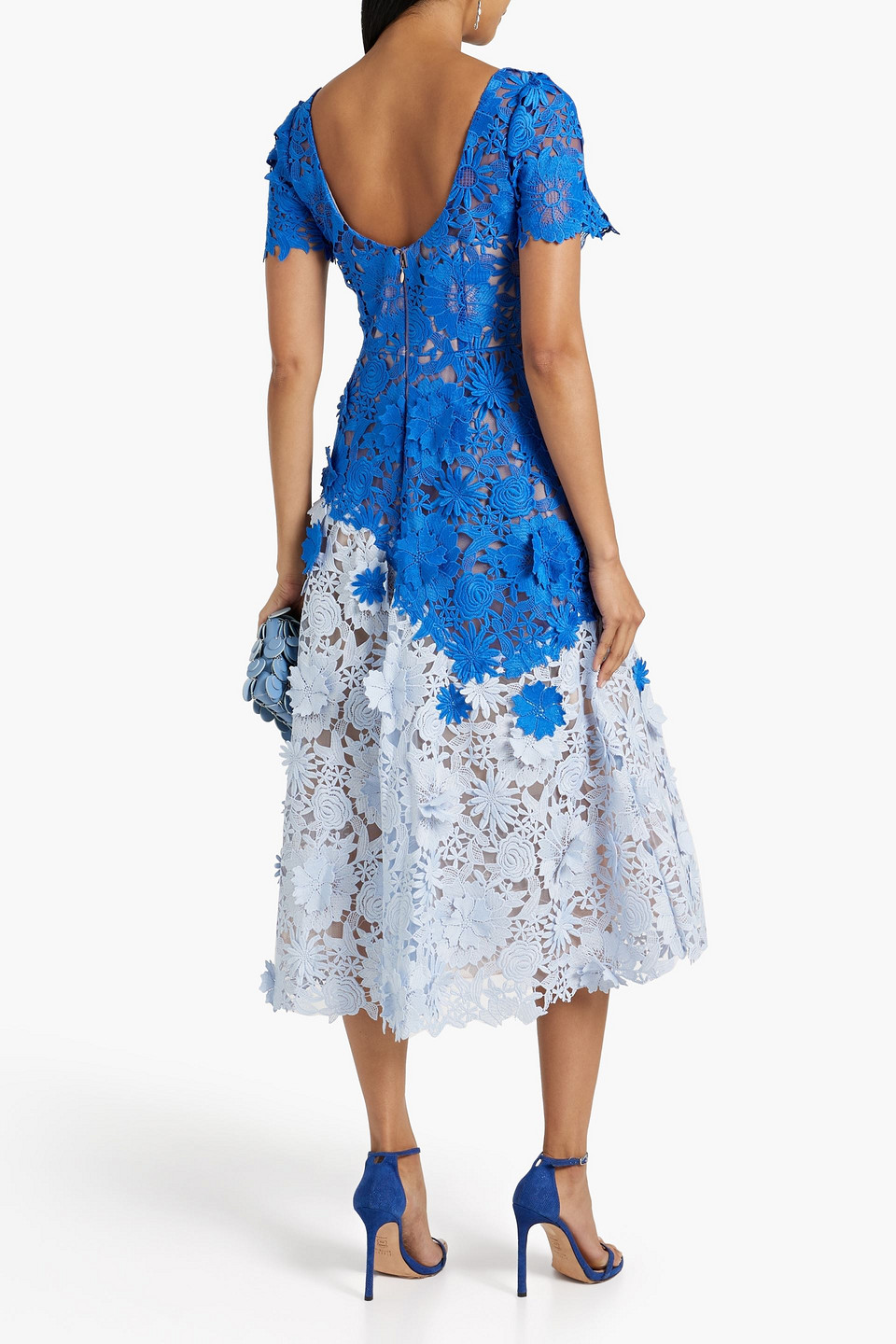 Marchesa Notte Daises And Dahlia 3d Guipure Midi Dress In Blue