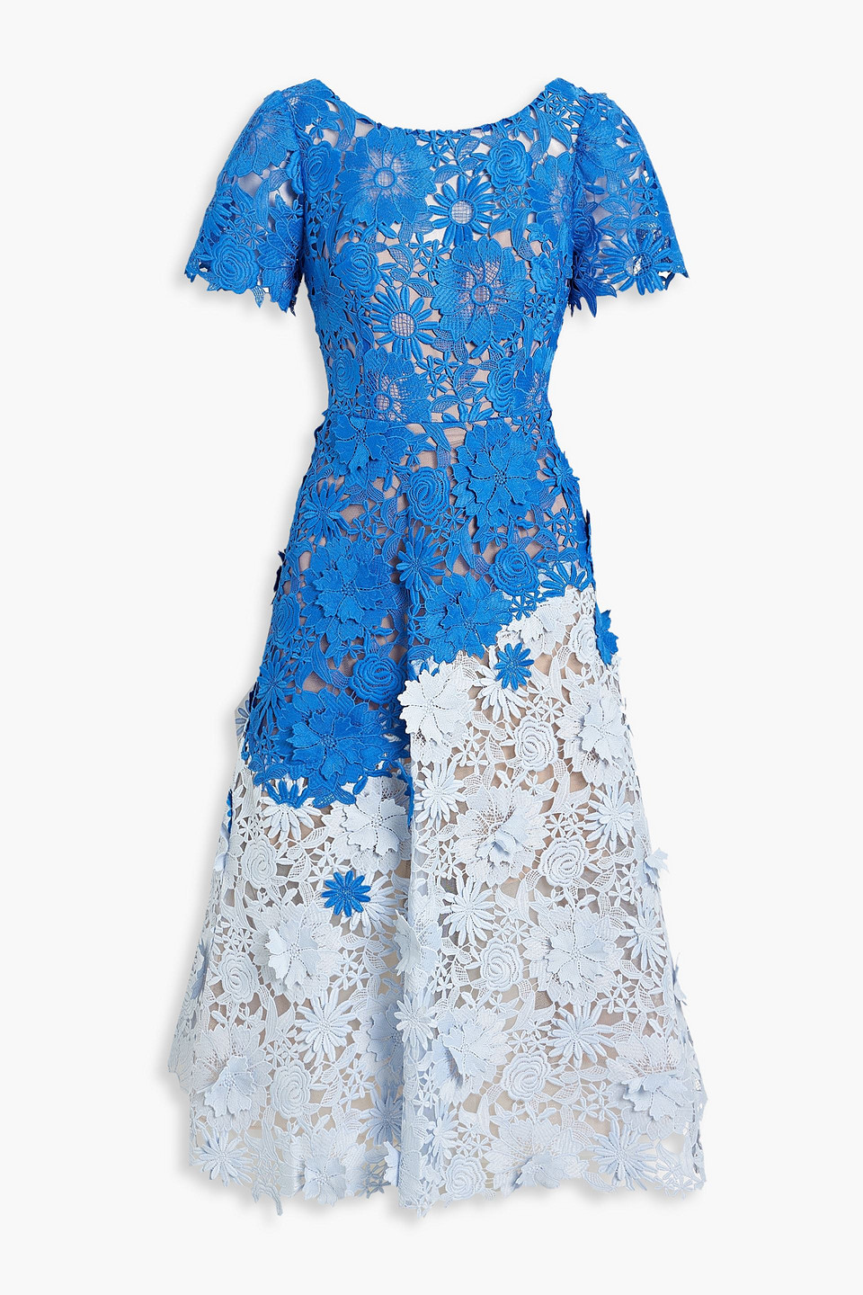 Marchesa Notte Daises And Dahlia 3d Guipure Midi Dress In Blue