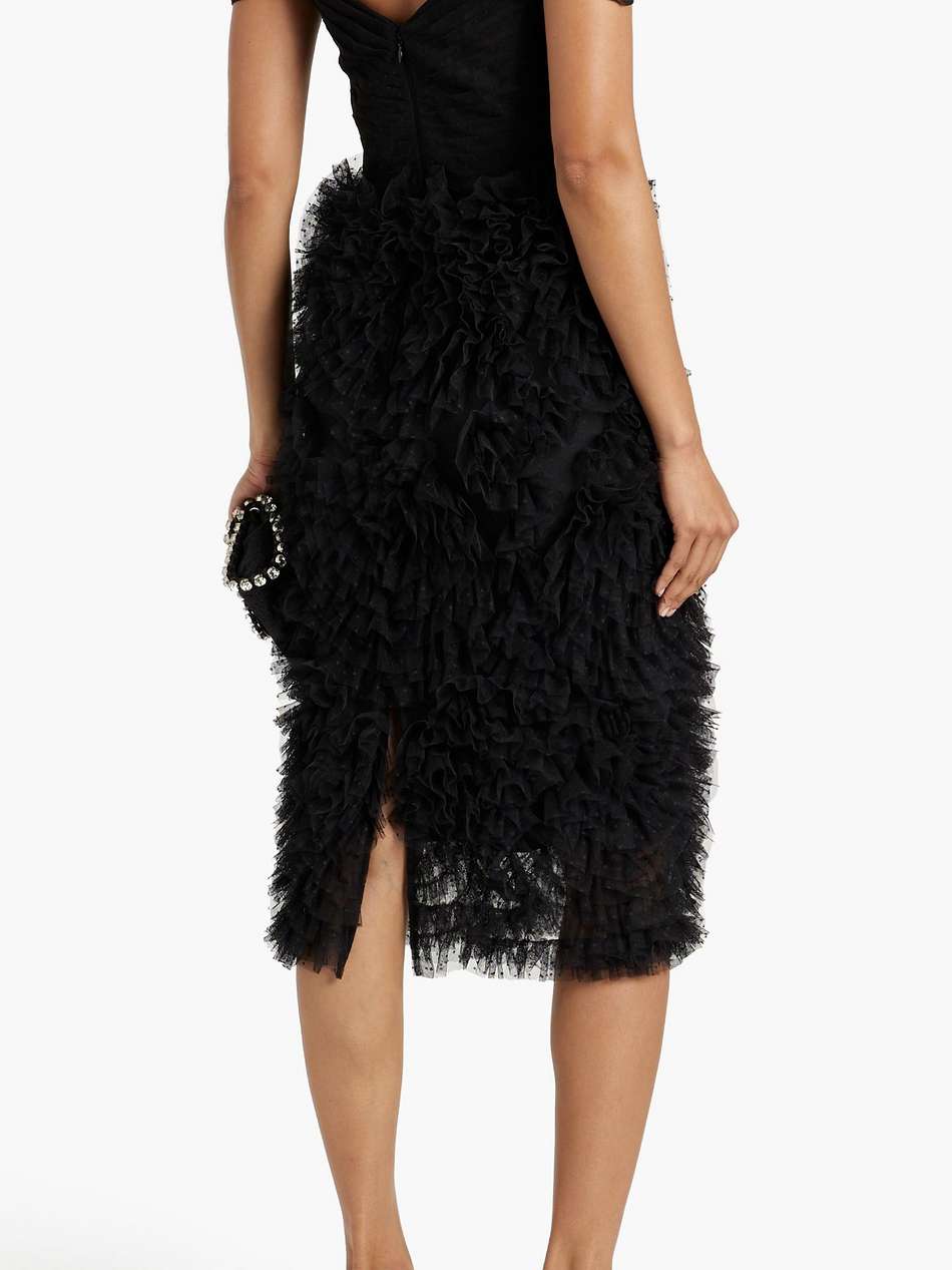 off-the-shoulder ruffled swiss-dot tulle midi dress