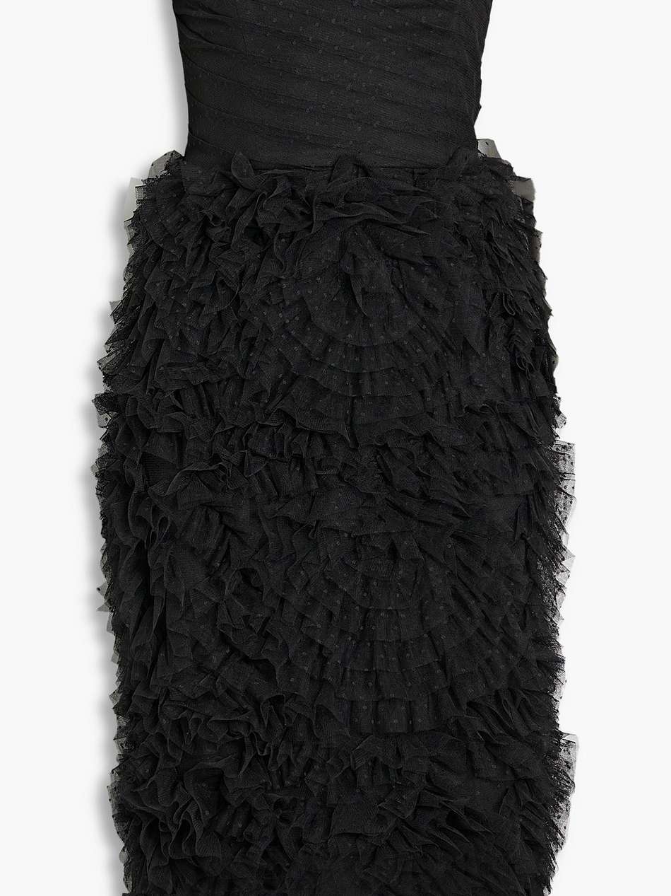 off-the-shoulder ruffled swiss-dot tulle midi dress