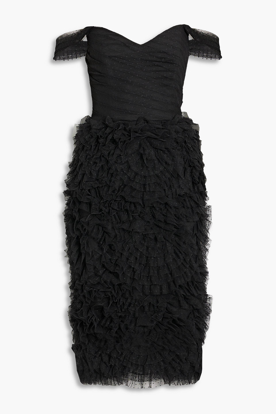 Off-the-shoulder ruffled Swiss-dot tulle midi dress