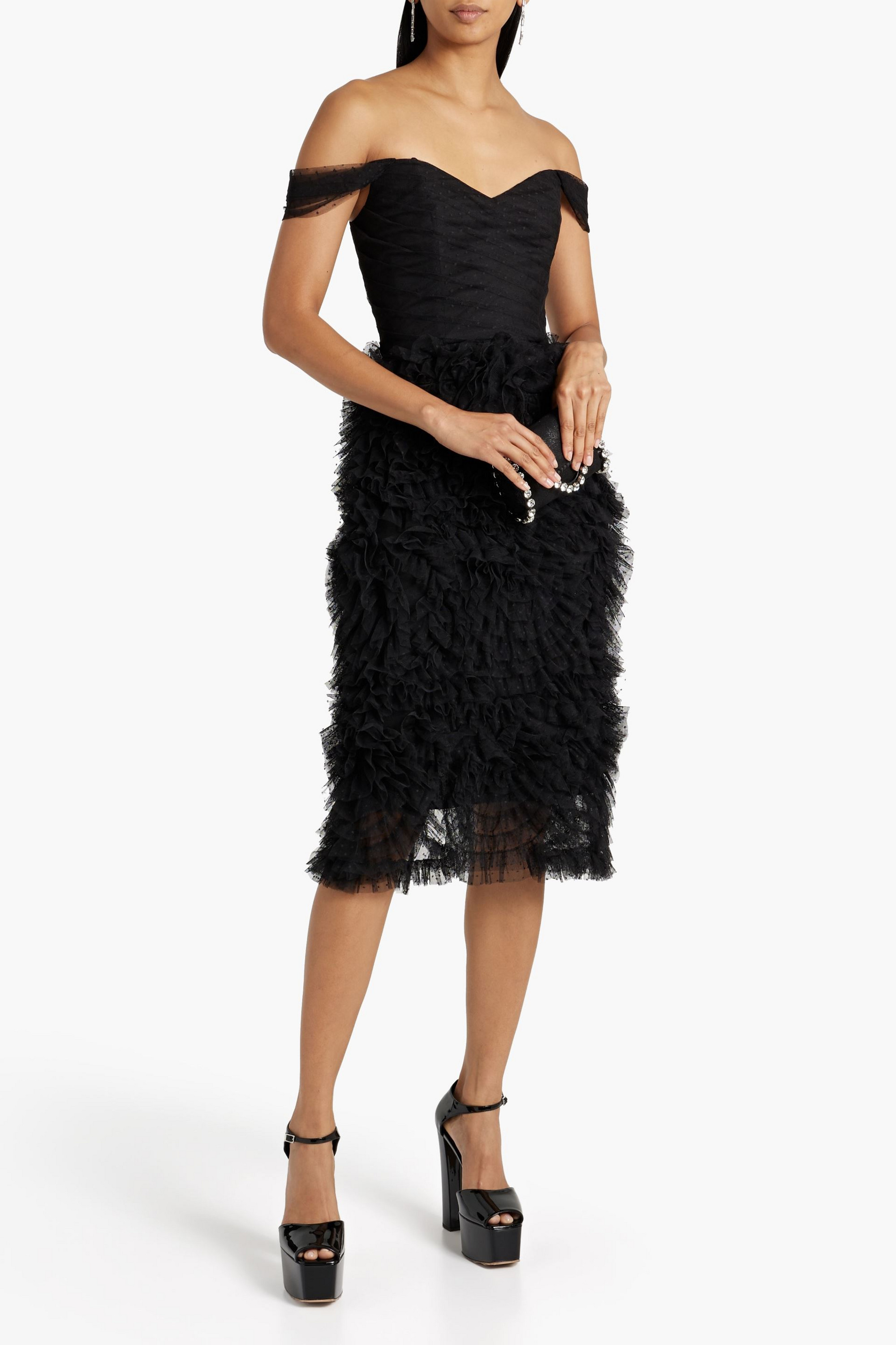 MARCHESA NOTTE Off-the-shoulder ruffled Swiss-dot tulle midi dress