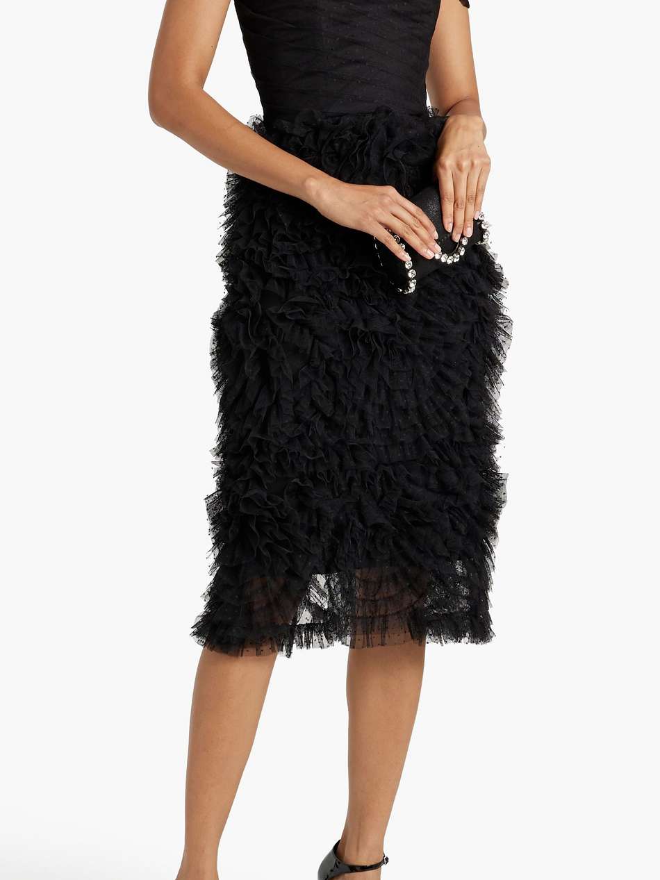 off-the-shoulder ruffled swiss-dot tulle midi dress