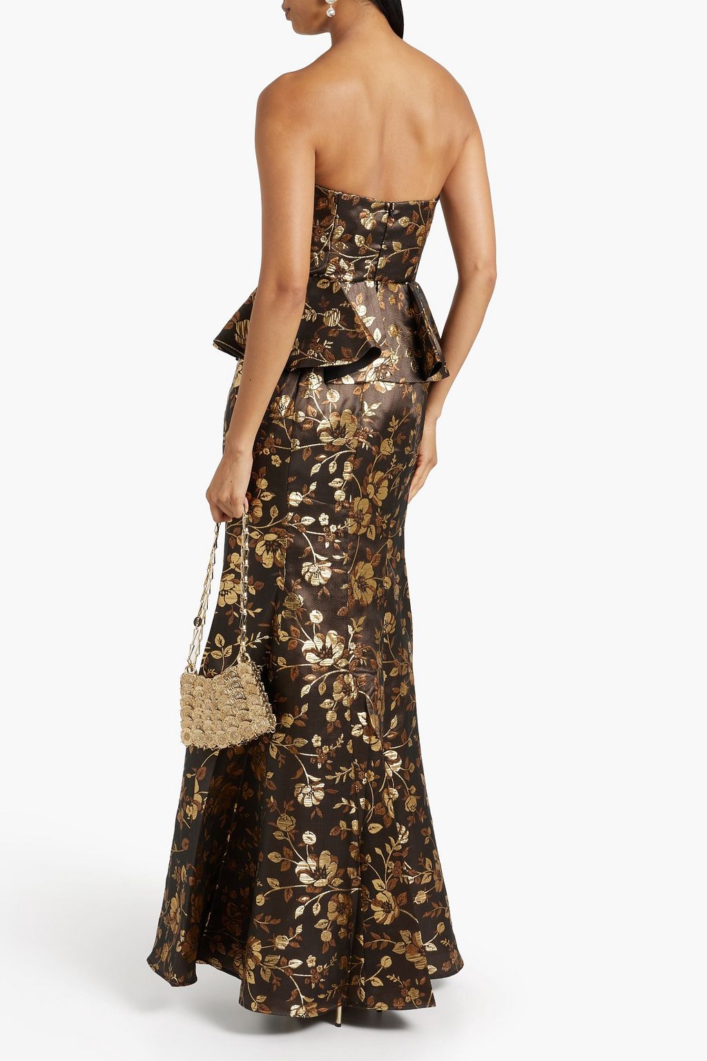 MARCHESA NOTTE 스트랩리스 메탈릭 브로케이드 페플럼 가운