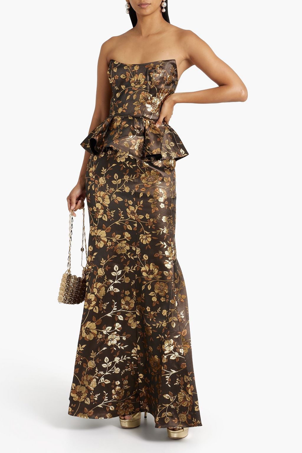 MARCHESA NOTTE 스트랩리스 메탈릭 브로케이드 페플럼 가운