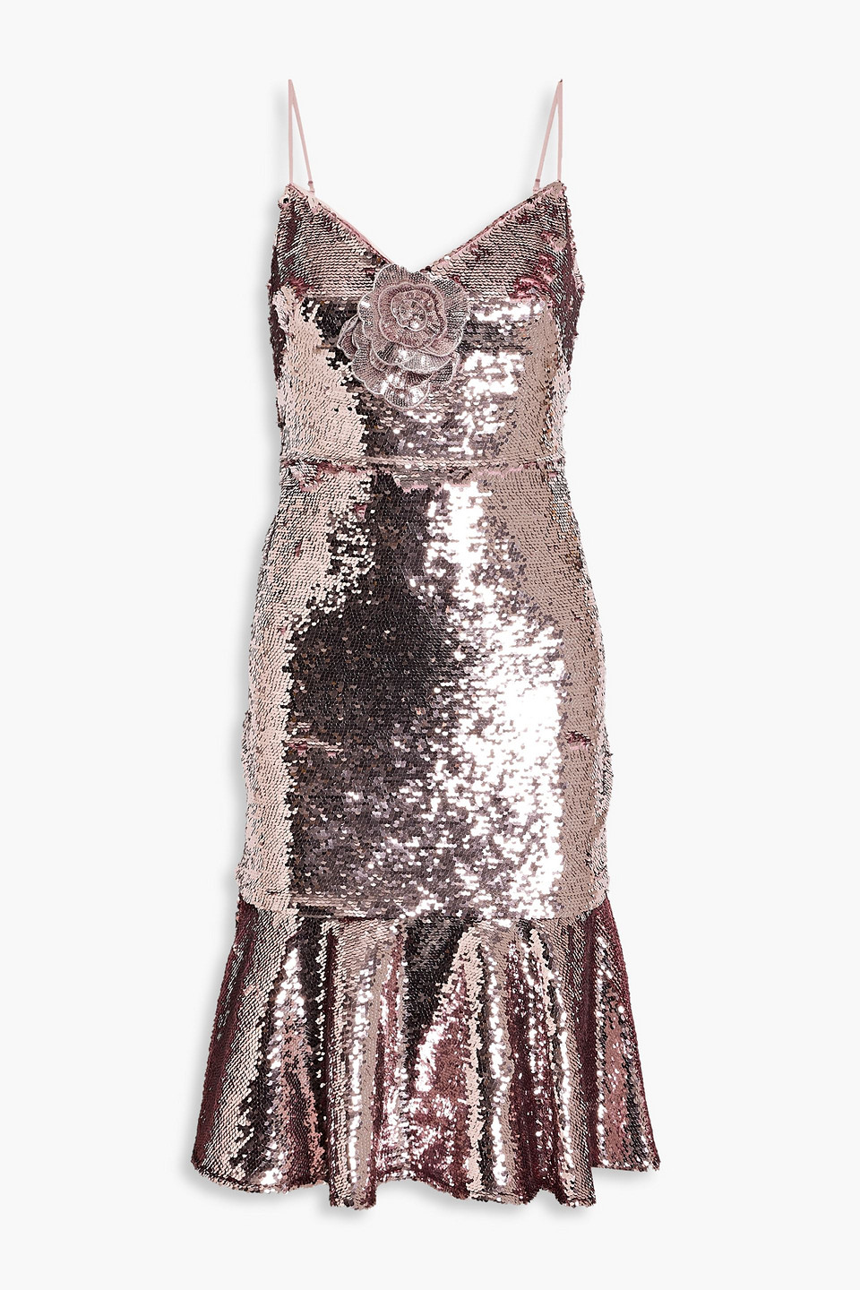 Marchesa Notte Majestic Magnolias Sequin Midi Dress In Blush