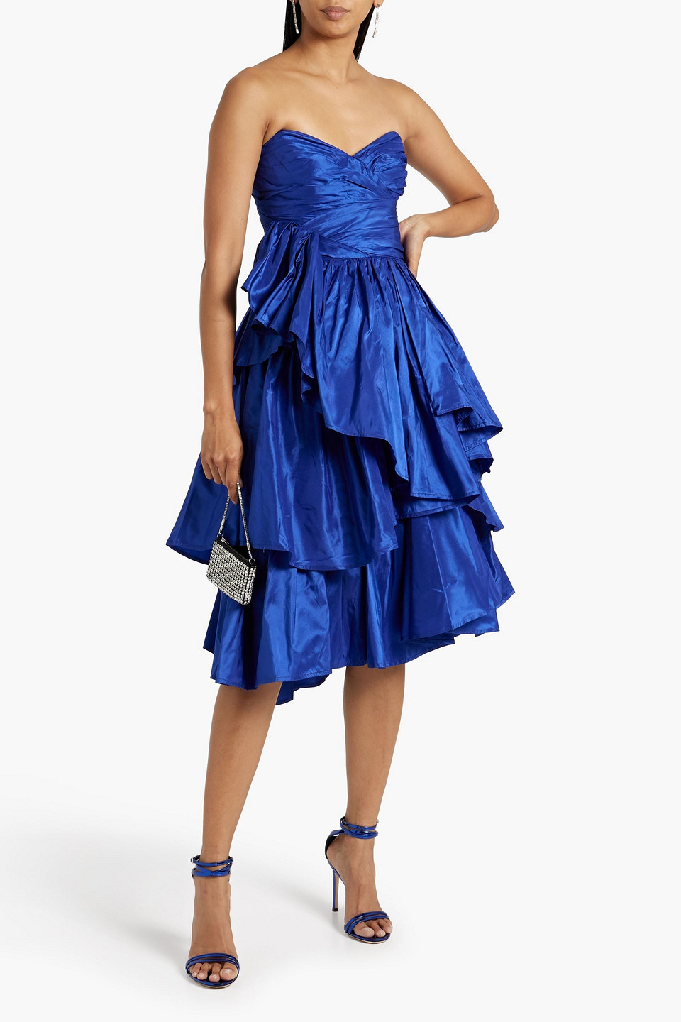 Shop Carolina Herrera Strapless Tiered Silk-taffeta Dress In Bright Blue