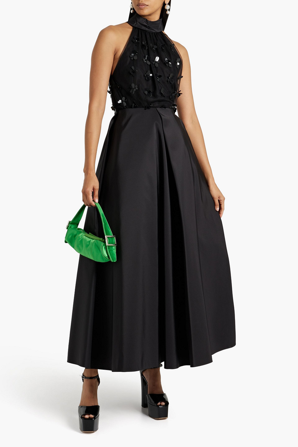 Shop Carolina Herrera Embellished Silk-taffeta And Tulle Top In Black