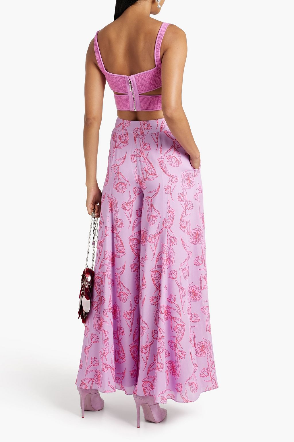 CAROLINA HERRERA クレープデシン ワイドレッグパンツ タック入り フローラルプリント
