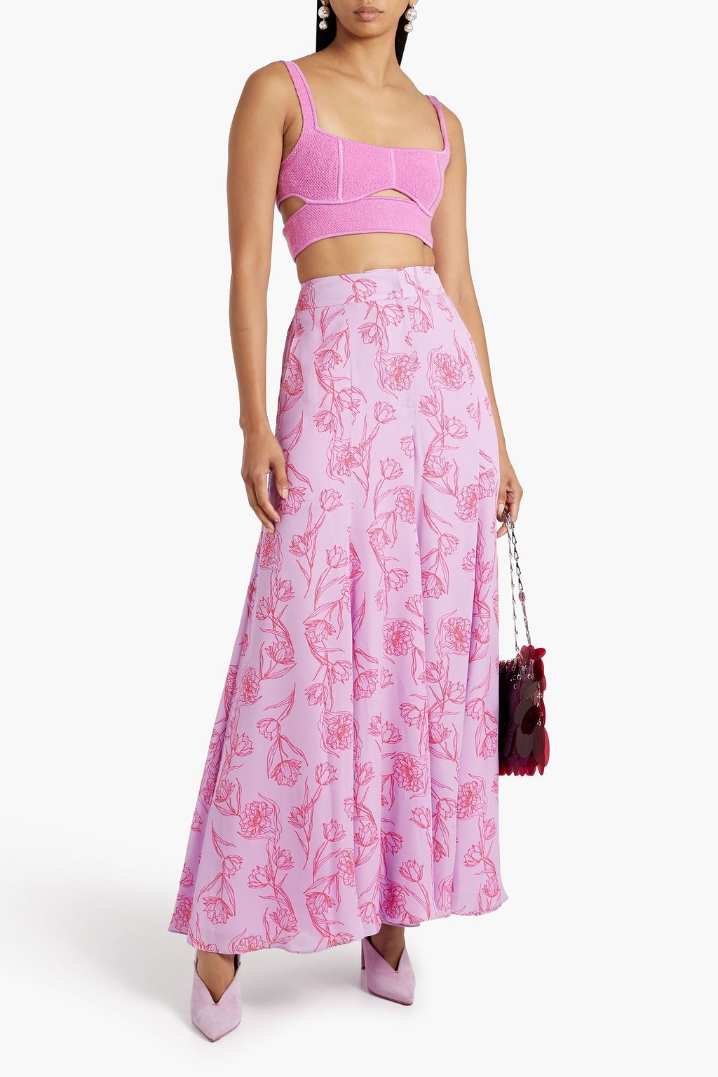 CAROLINA HERRERA クレープデシン ワイドレッグパンツ タック入り フローラルプリント
