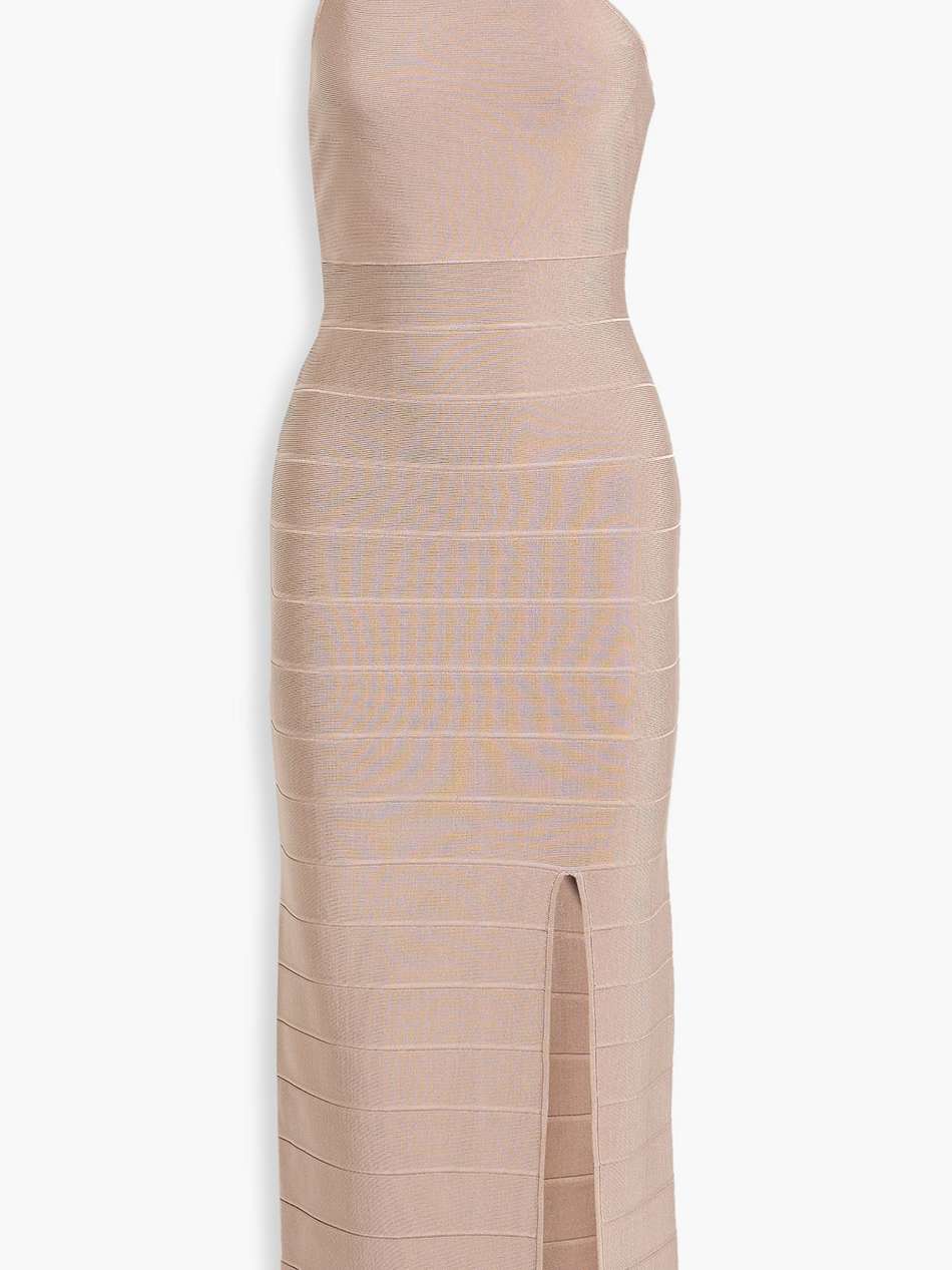 one-shoulder bandage maxi dress
