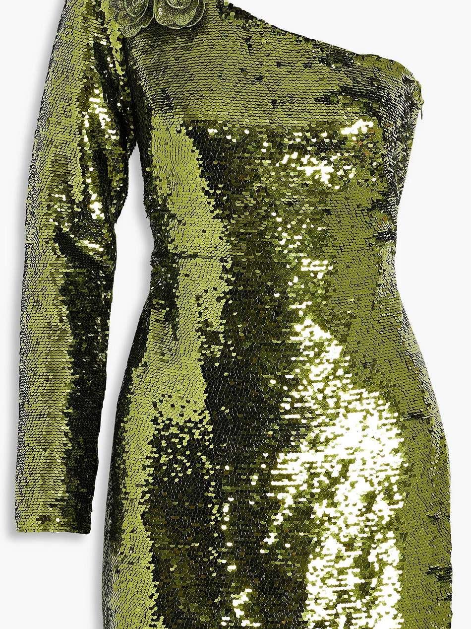 one-sleeve sequined tulle mini dress
