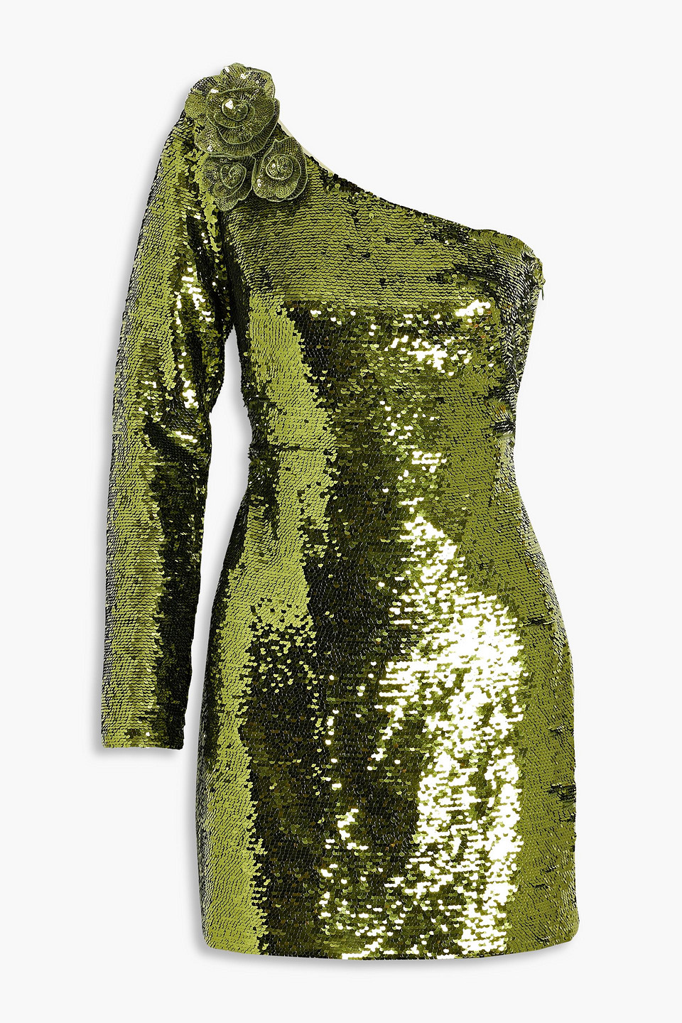 Marchesa Notte One-sleeve Sequined Tulle Mini Dress In Lime Green