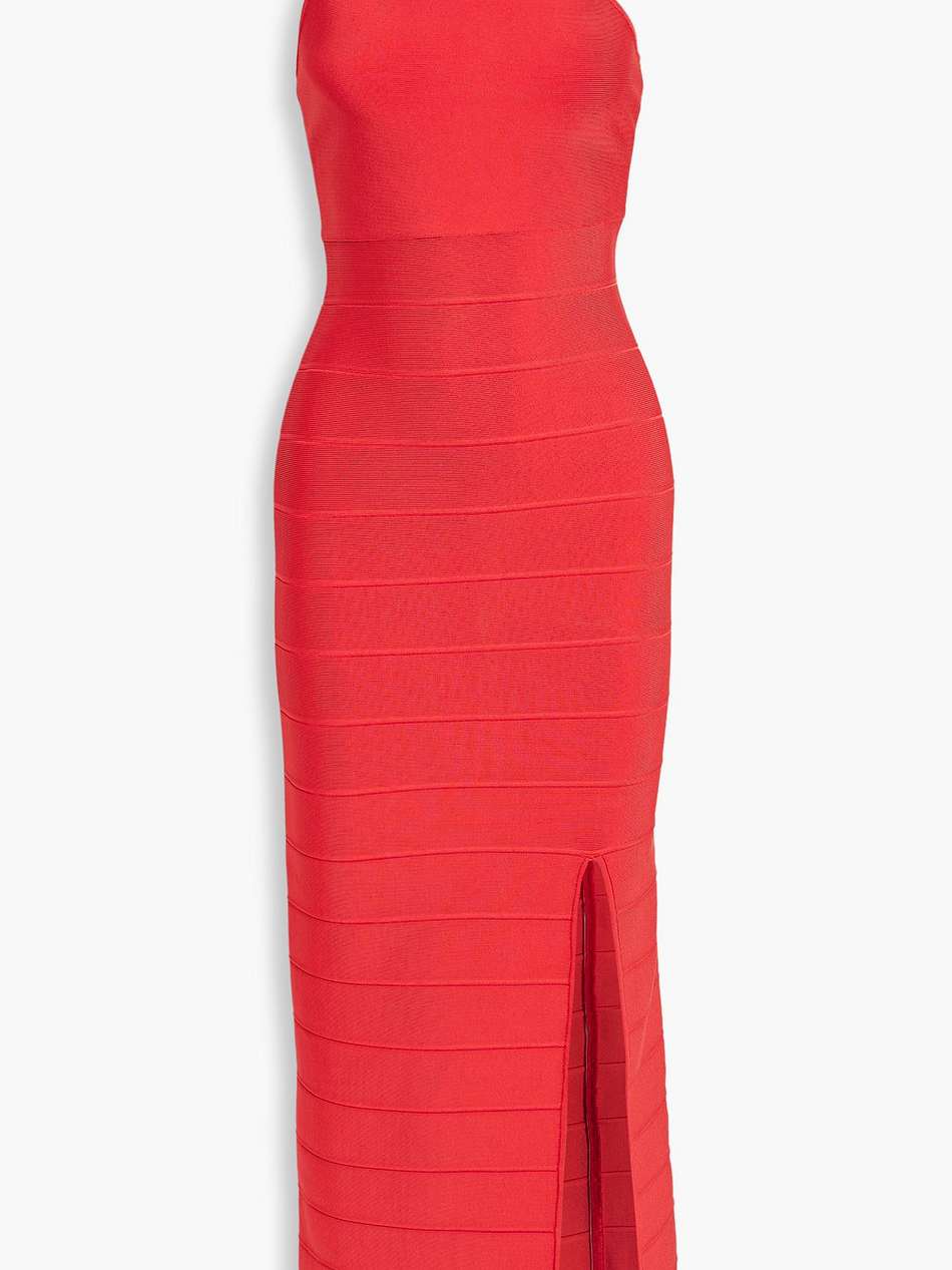 one-shoulder bandage maxi dress