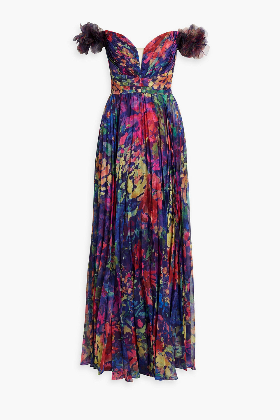 Marchesa Notte Off-the-shoulder Pleated Floral-print Chiffon Gown In Cobalt Blue