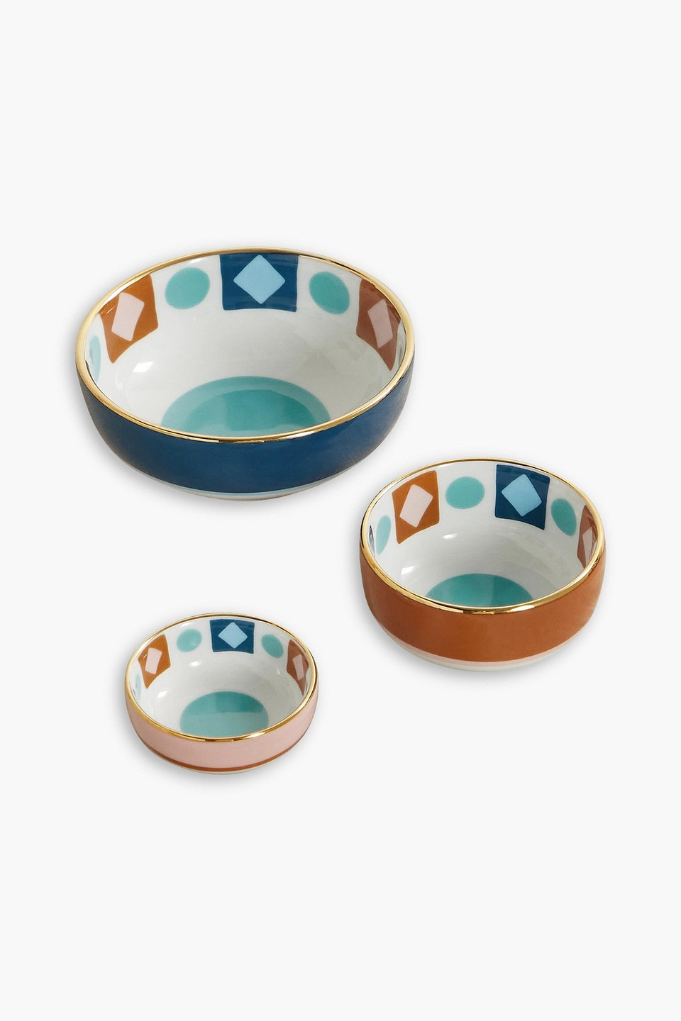 La Doublej Set Of Three Gold-plated Porcelain Nesting Bowls In Blue