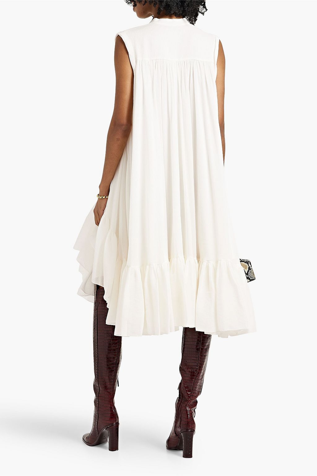 MCQUEEN Gathered cotton and silk-blend seersucker dress