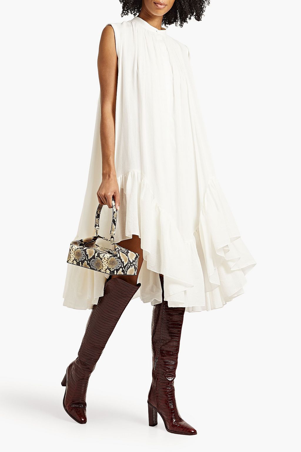 MCQUEEN Gathered cotton and silk-blend seersucker dress