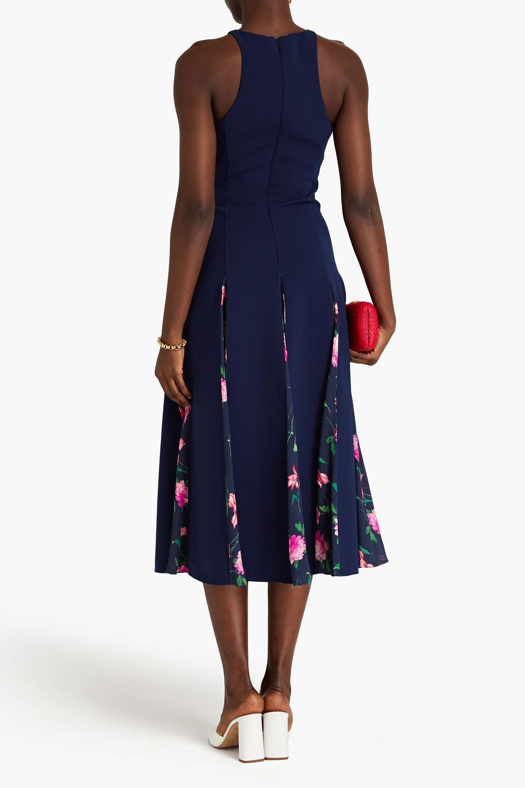 CAROLINA HERRERA تنورة متوسطة الطول من الكريب بقطع محاكة بجانب بعضها البعض من الجورجيت مزينة بكسرات وطبعة الأزهار
