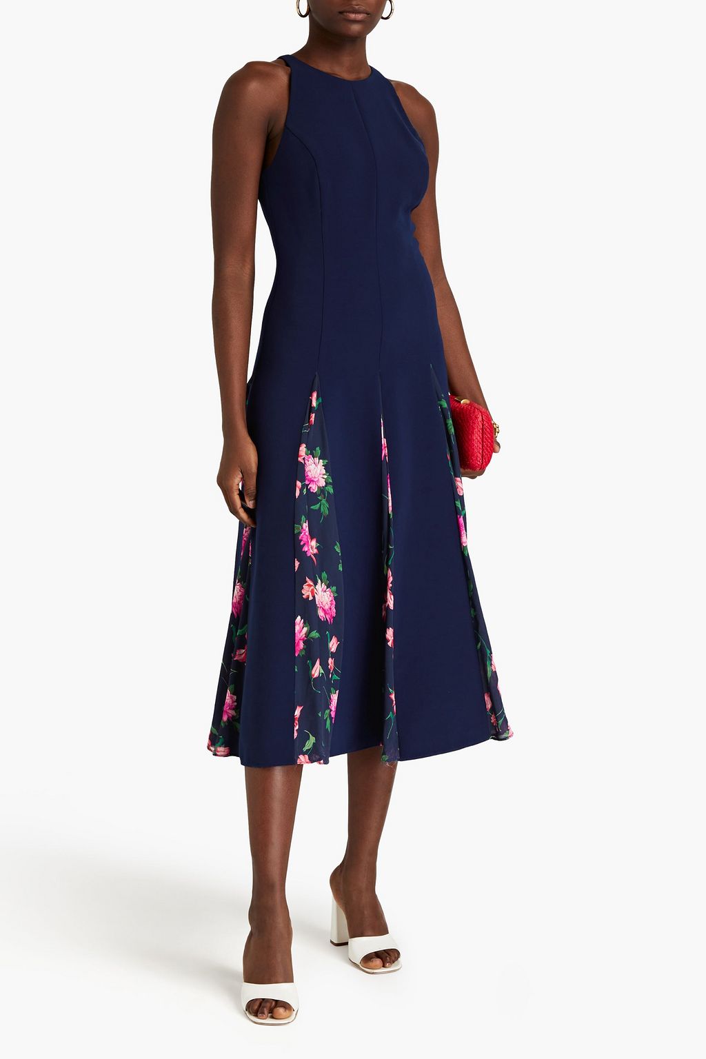 CAROLINA HERRERA تنورة متوسطة الطول من الكريب بقطع محاكة بجانب بعضها البعض من الجورجيت مزينة بكسرات وطبعة الأزهار