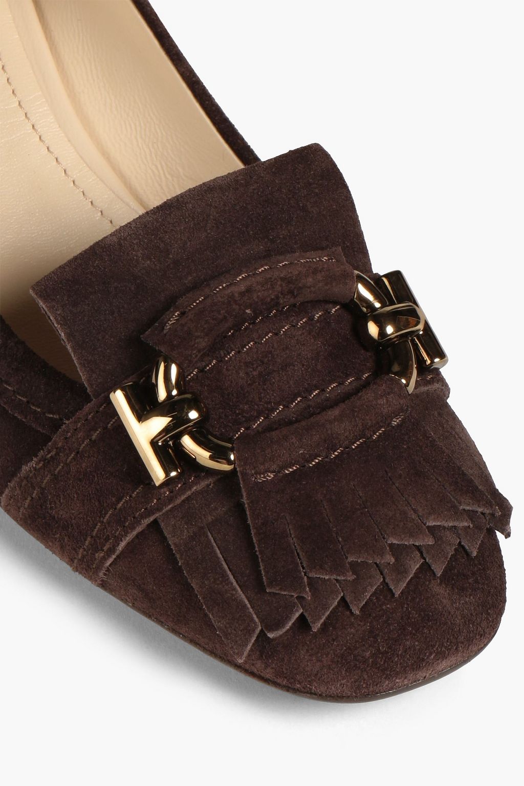 TOD'S T-Ring embellished fringed suede pumps