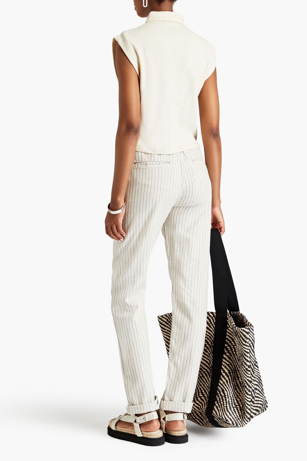 RAG & BONE بنطال من مزيج الكتان والقنب والقطن بأرجل مستقيمة وتصميم مخطط مزود بحزام