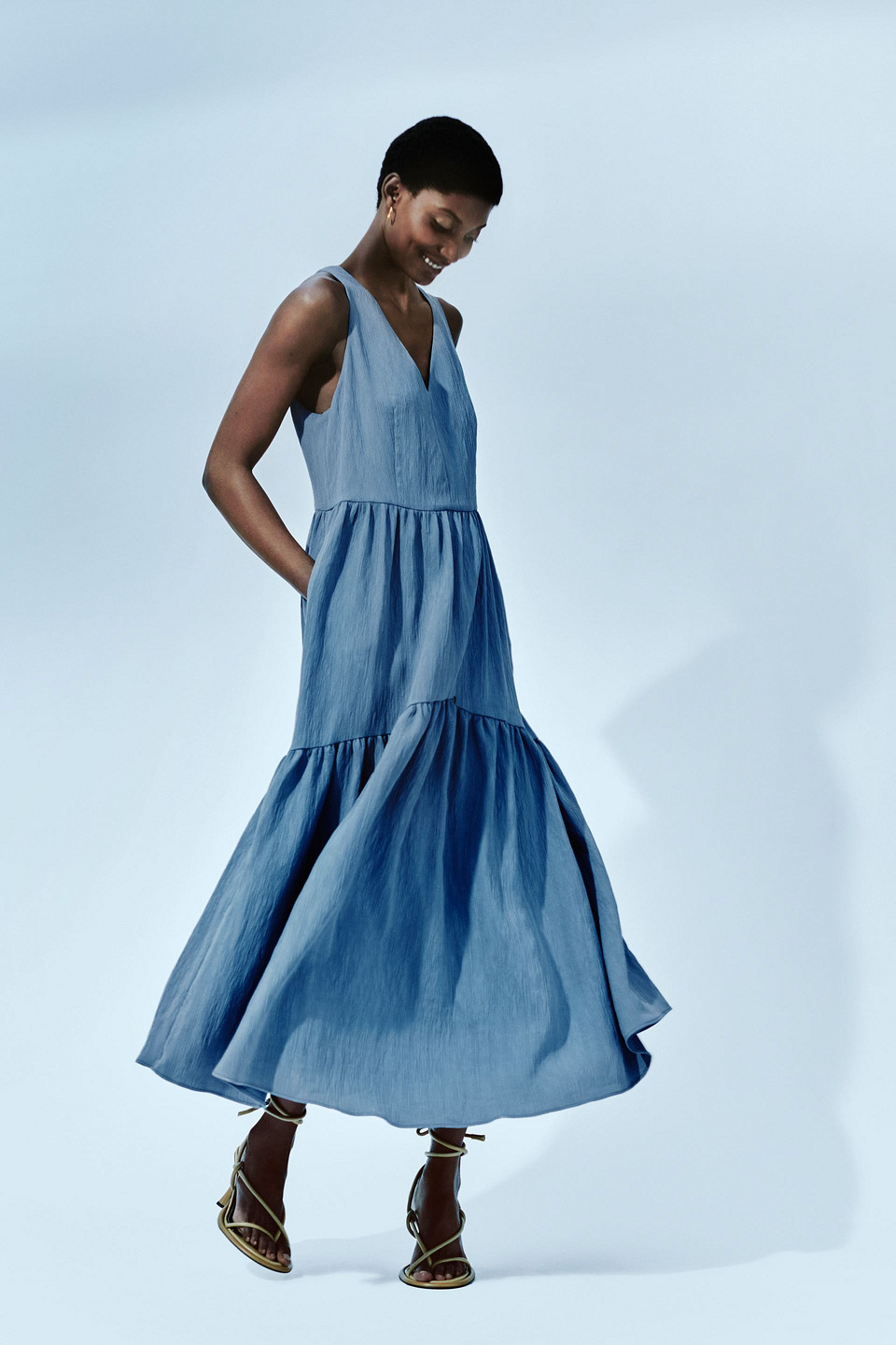 Shop Iris & Ink Faye Tiered Crepon Midi Dress In Slate Blue