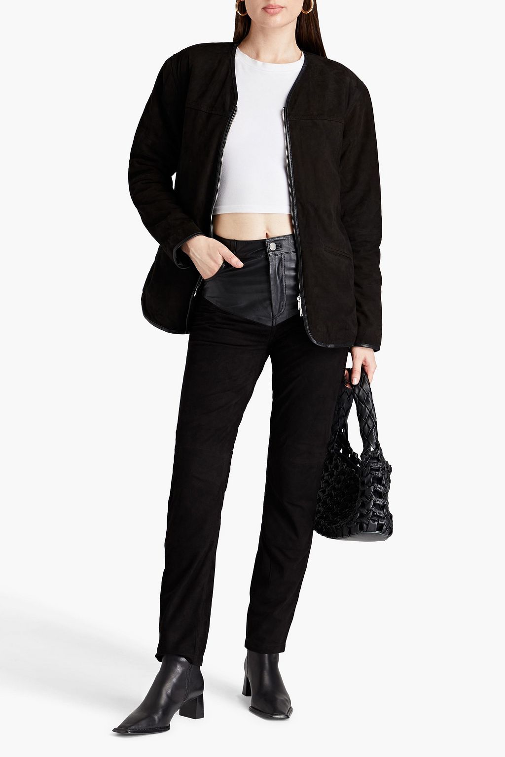 DEADWOOD Leather-paneled suede slim-leg pants
