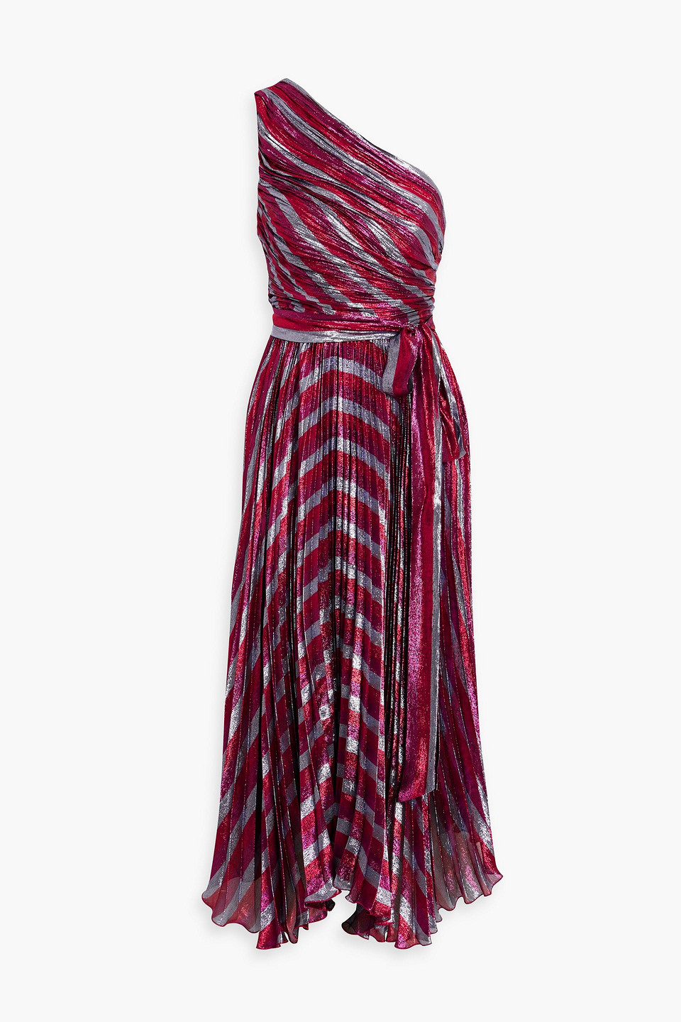 Maria Lucia Hohan Edith One-shoulder Pleated Metallic Silk-blend Midi Dress In Red