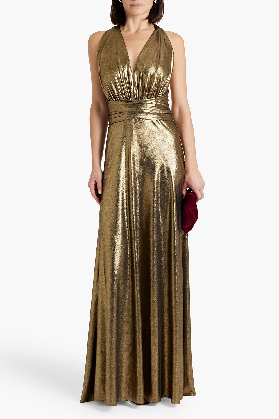 Shop Maria Lucia Hohan Melika Gathered Metallic Jersey Gown In Gold