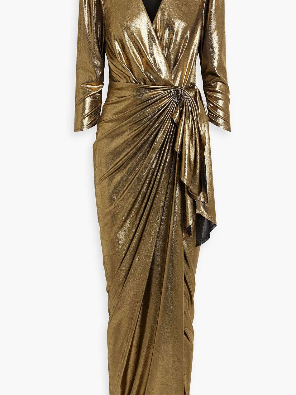 adelyn draped lamé maxi wrap dress