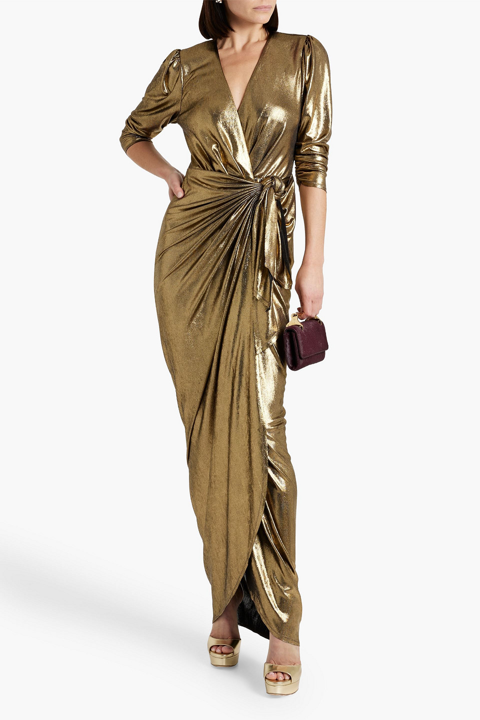 Shop Maria Lucia Hohan Adelyn Draped Lamé Maxi Wrap Dress In Gold