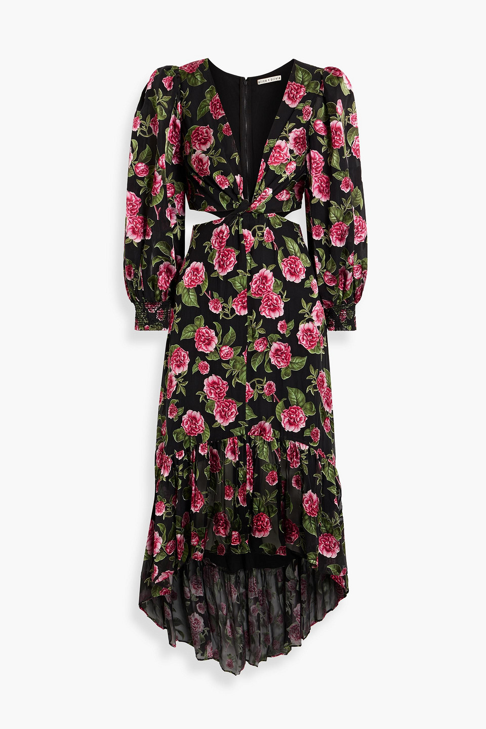 Alice And Olivia Katia Ruffled Floral-print Fil Coupé Chiffon Maxi Dress In Black