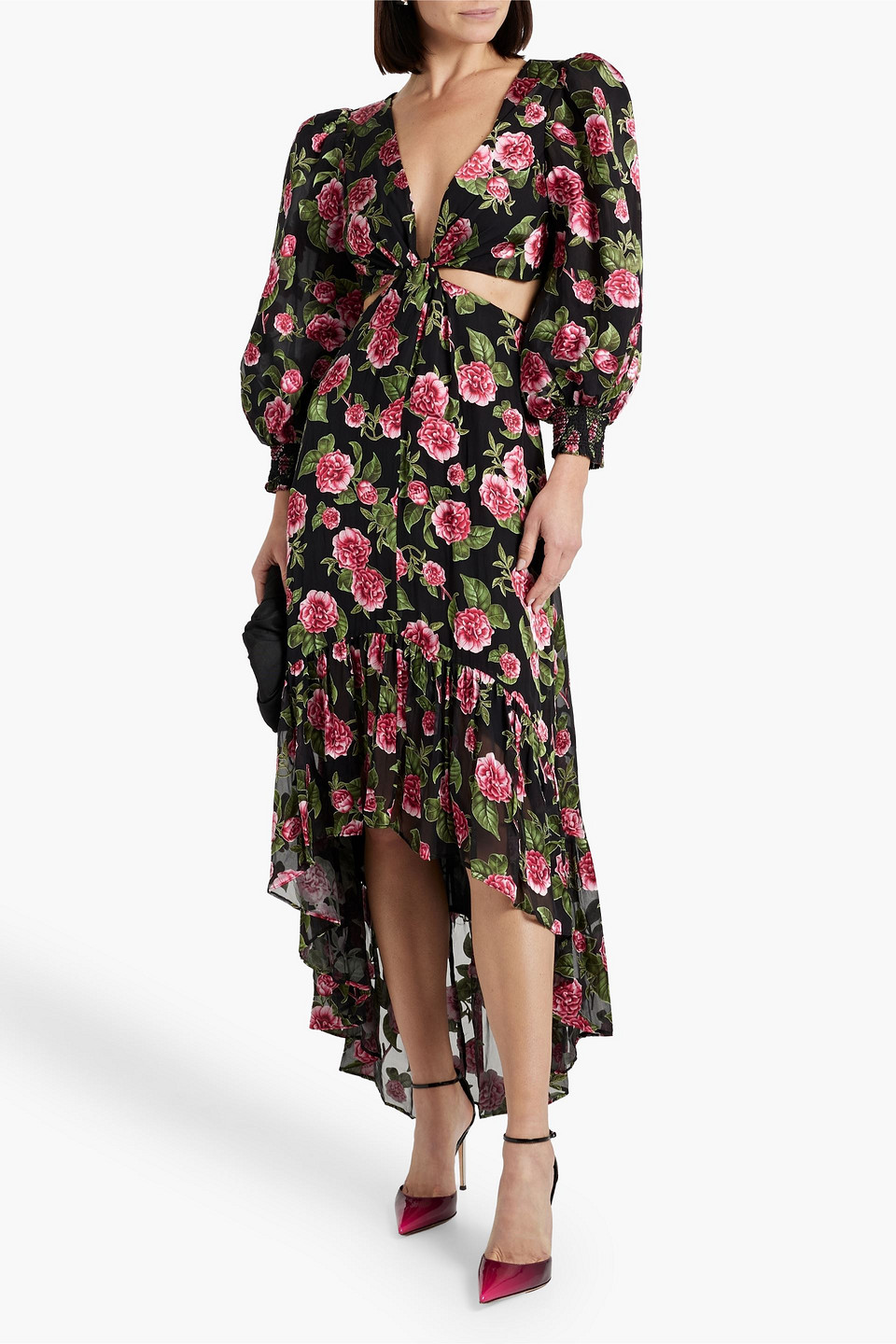 Shop Alice And Olivia Katia Ruffled Floral-print Fil Coupé Chiffon Maxi Dress In Black