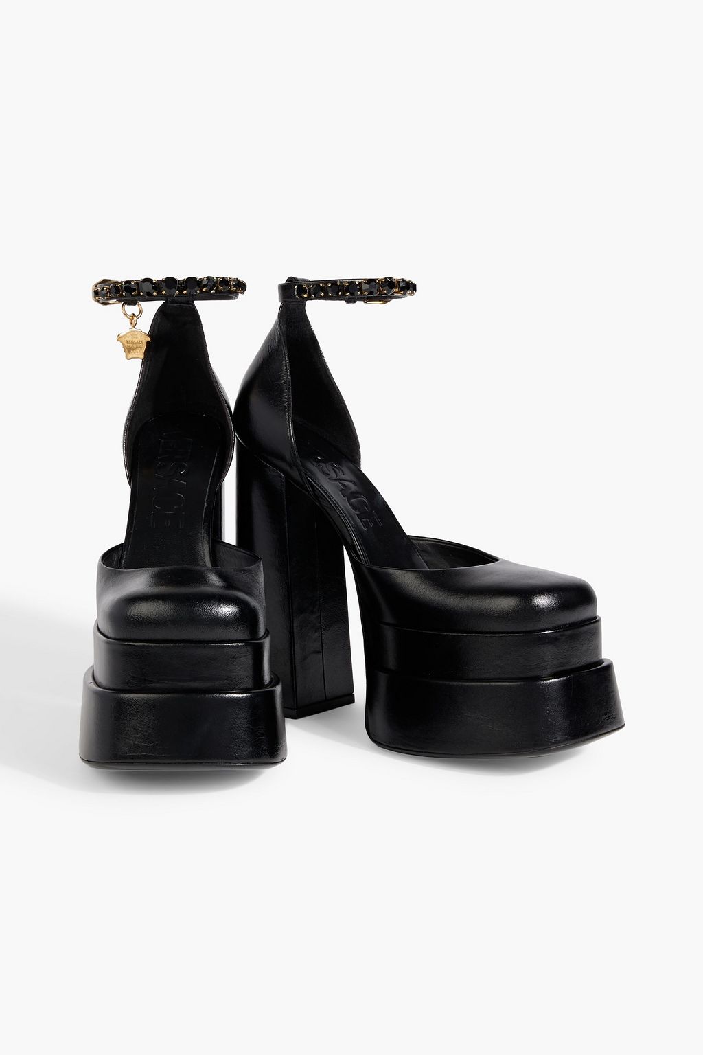 VERSACE Crystal-embellished leather platform pumps