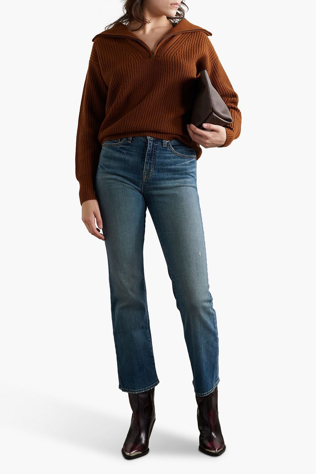 NILI LOTAN クロップド ハイライズ ブーツカットジーンズ 色あせ加工