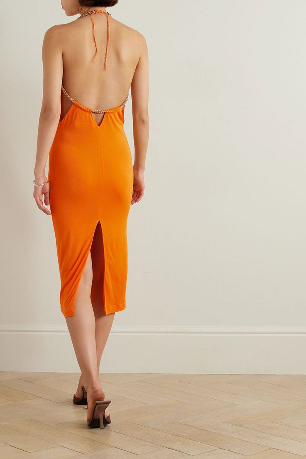 DION LEE فستان Barball متوسط الطول مكشوف الظهر بياقة هالتر الدائرية مزركشة بالخرز من الشبك