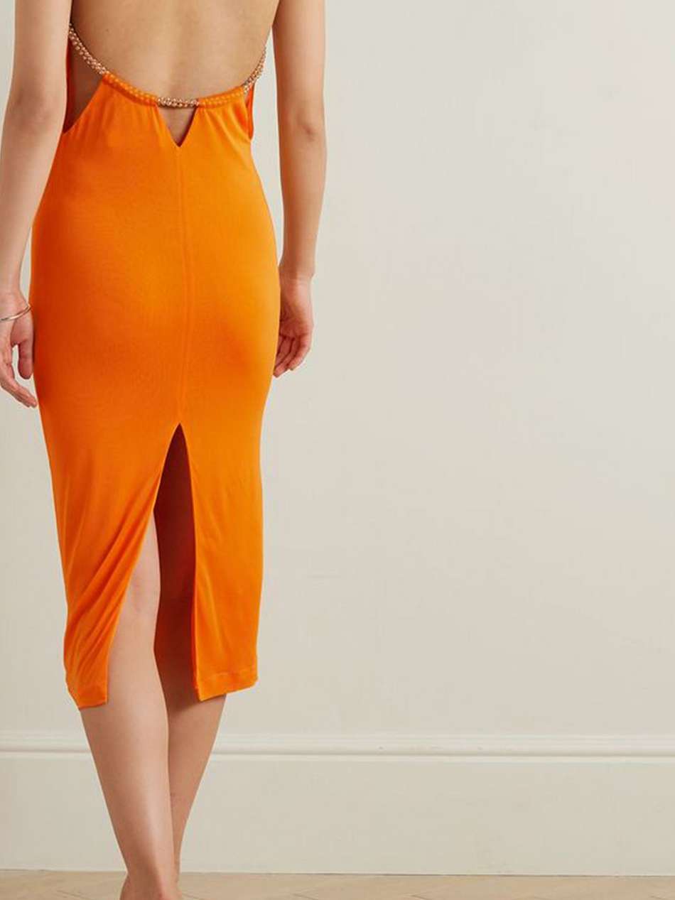 barball open-back bead-embellished mesh halterneck midi dress