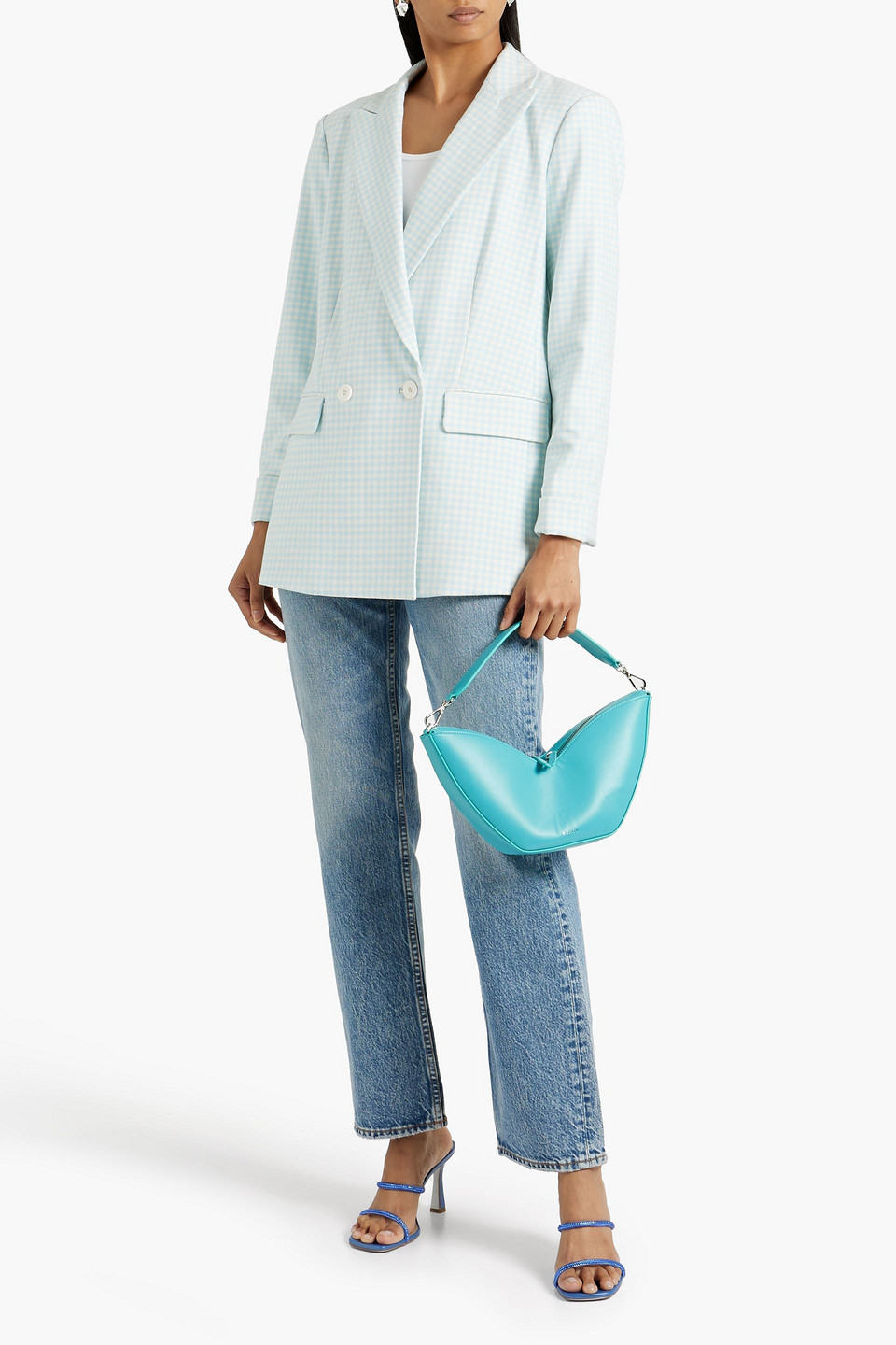 Alice And Olivia Justin Double-breasted Gingham Twill Blazer In Sky Blue