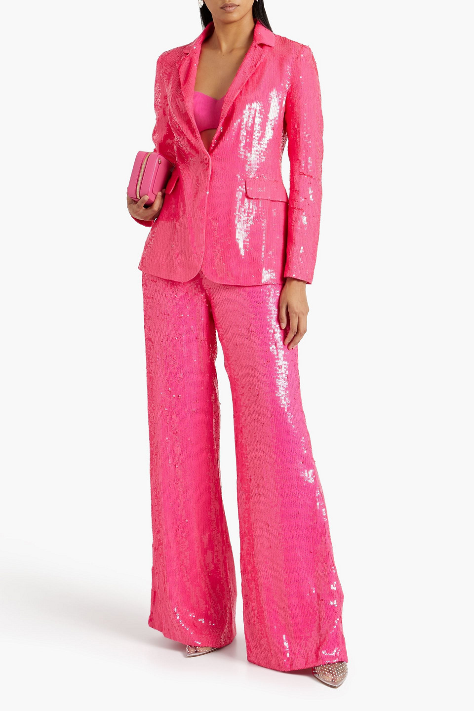 Shop Alice And Olivia Macey Sequined Woven Blazer In Bubblegum