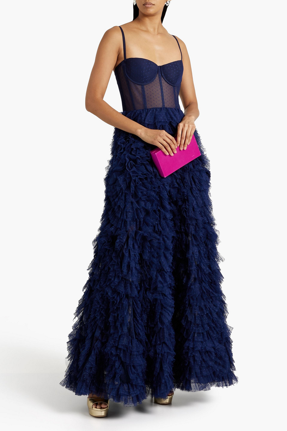 MARCHESA NOTTE RUFFLED POINT D'ESPRIT GOWN 3074457345637714627
