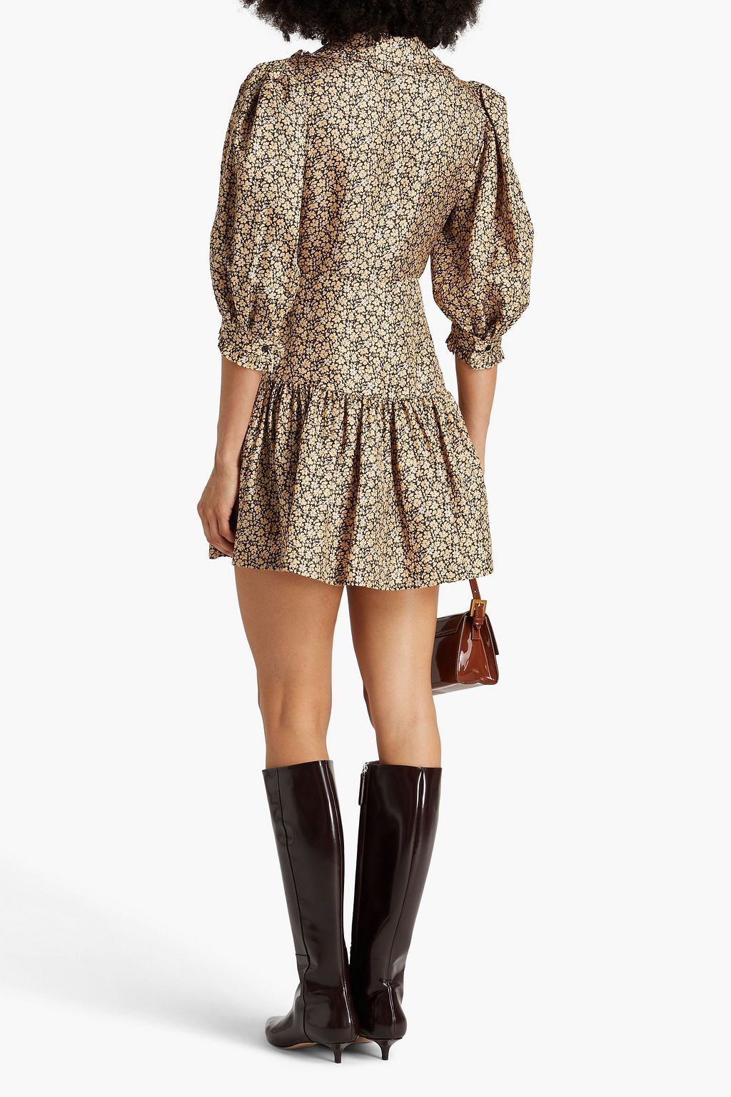 SANDRO Gathered floral-print silk-twill mini dress