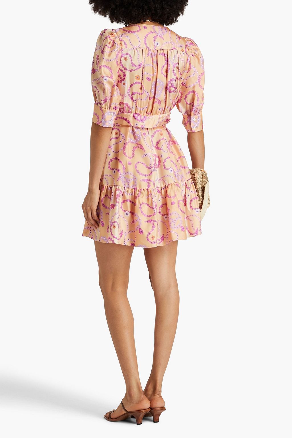 SANDRO Gathered floral-print silk-twill mini wrap dress