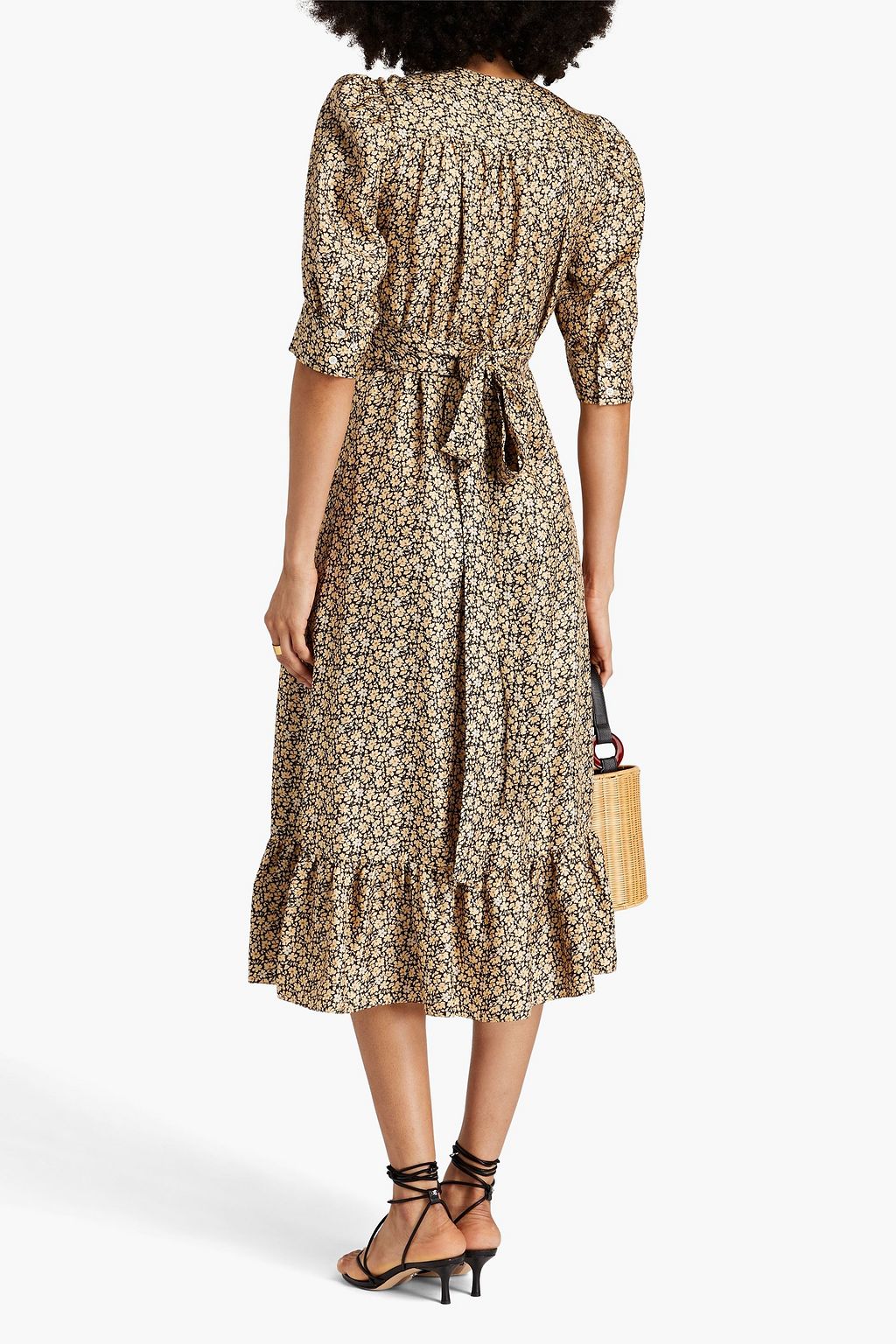 SANDRO Gathered floral-print silk-twill midi wrap dress