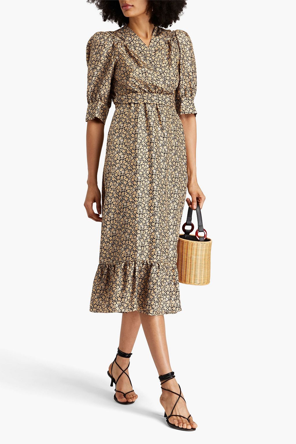 SANDRO Gathered floral-print silk-twill midi wrap dress