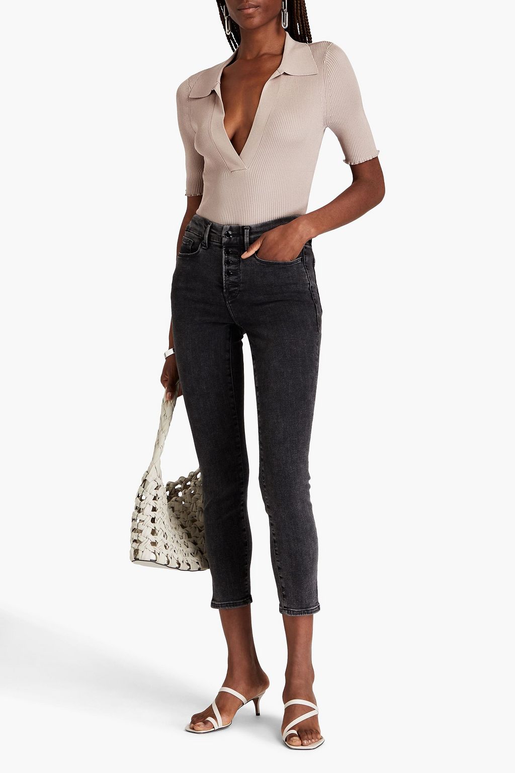 GOOD AMERICAN Halbhohe Skinny Jeans in ausgewaschener Optik